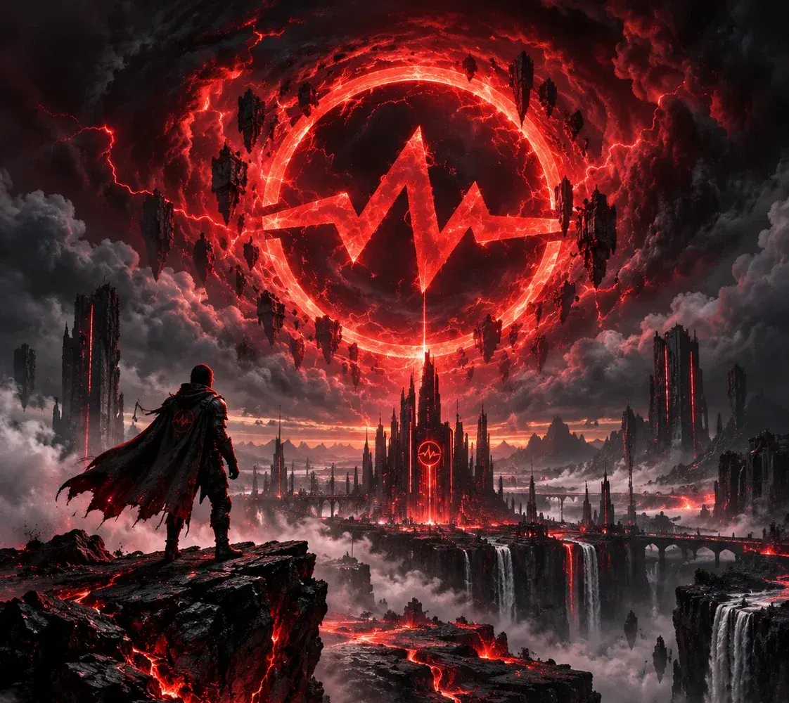 A vast burning world beneath a colossal glowing AfterShock pulse ring, with a lone cloaked figure standing on a cliff above a distant city.